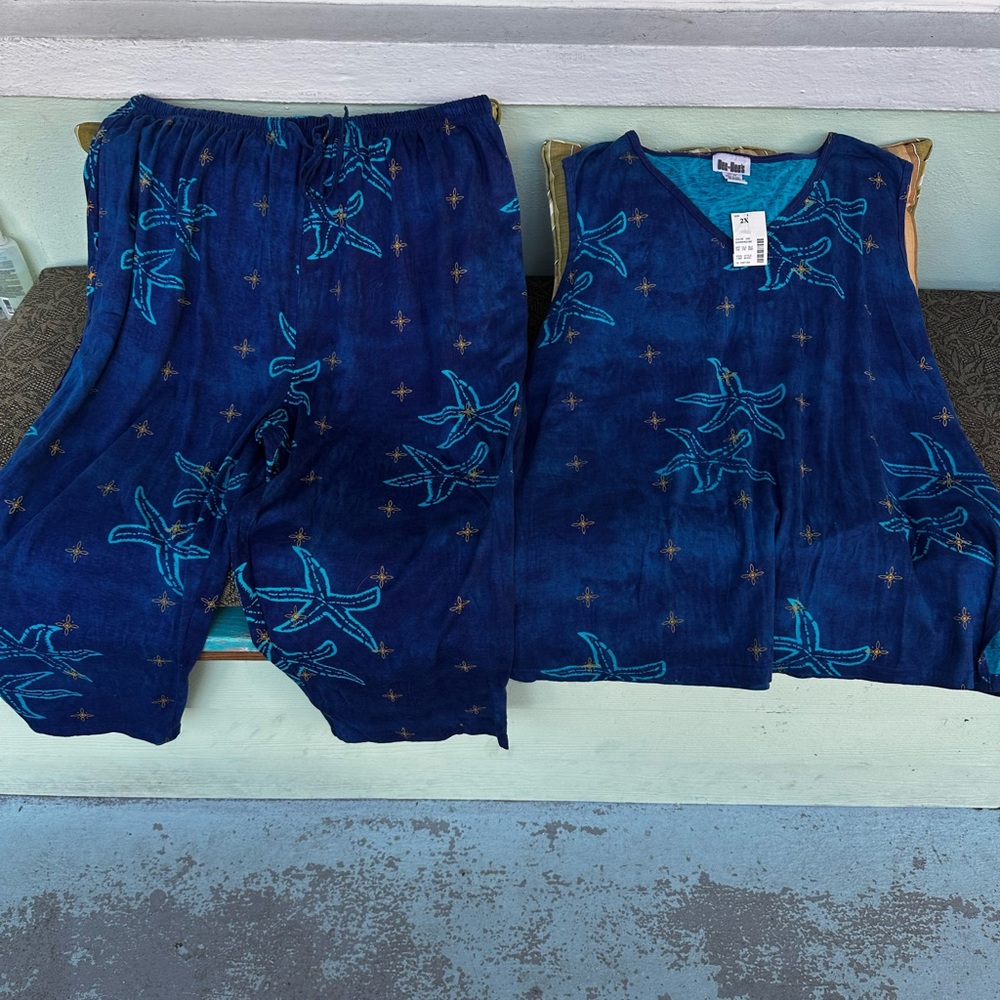 Blue Starfish Print Sleeveless Top and Pants Set